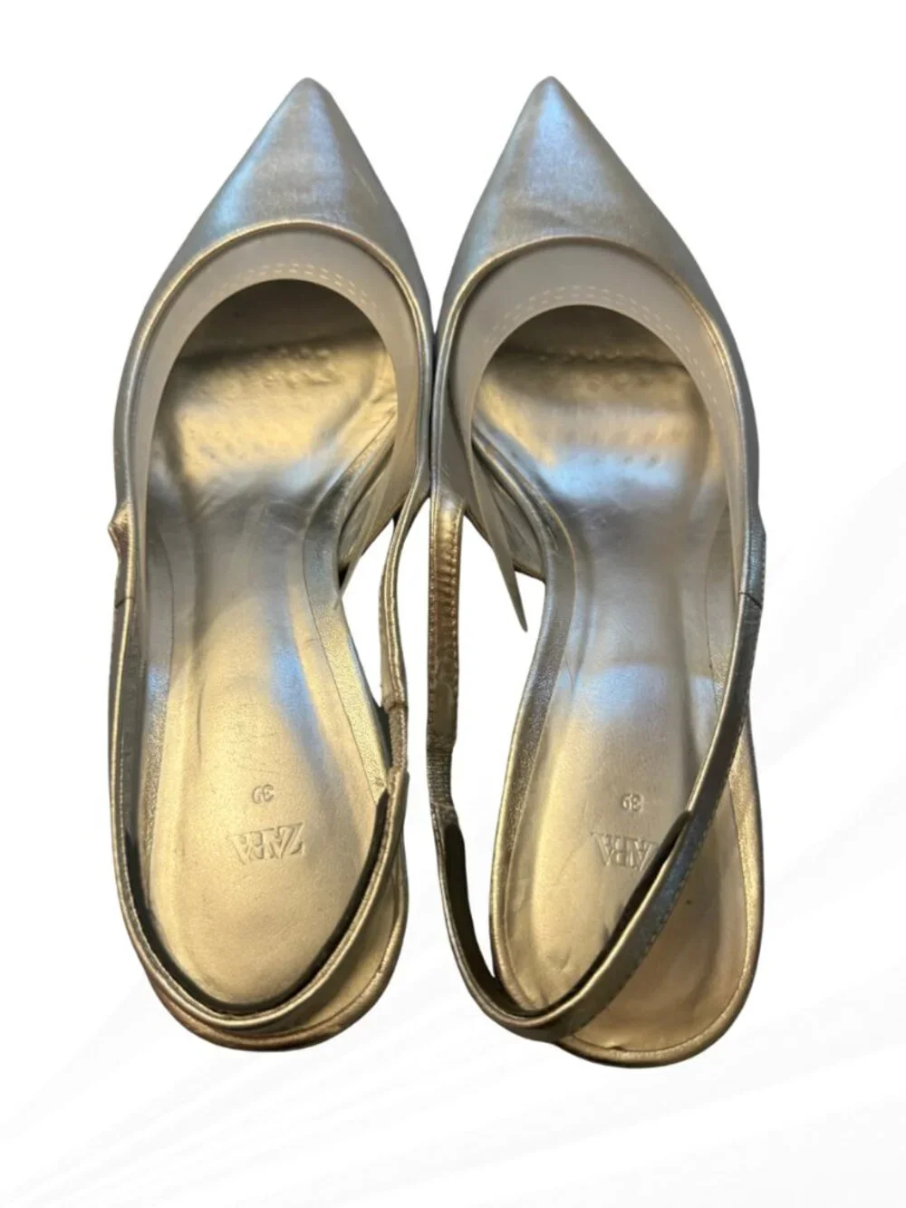 Zara Silver Metallic Slingback Heels Pointed Toe Pumps EU 39 US 8 NWOB Wedding - Picture 7 of 16